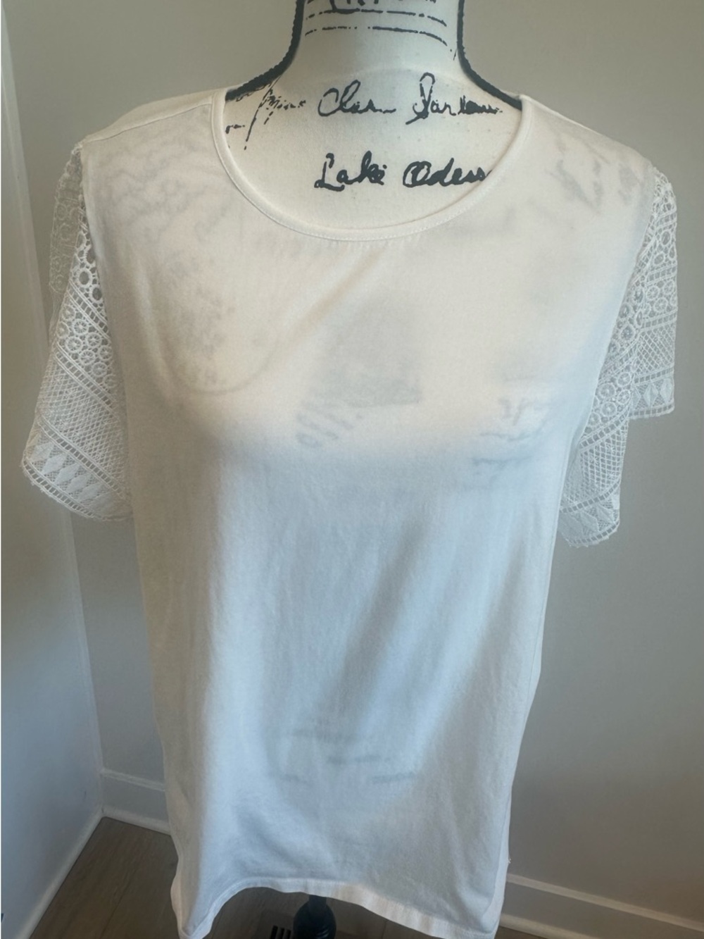 Jones New York White Tee with Crochet Lace Short Sleeves